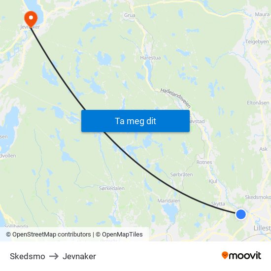 Skedsmo to Jevnaker map