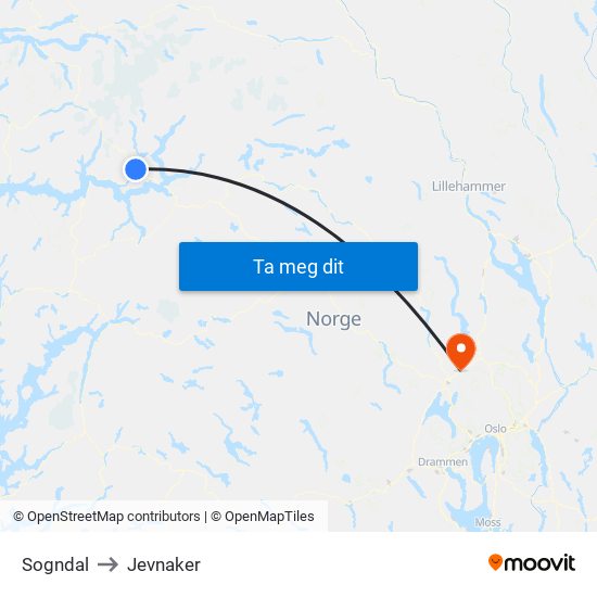 Sogndal to Jevnaker map