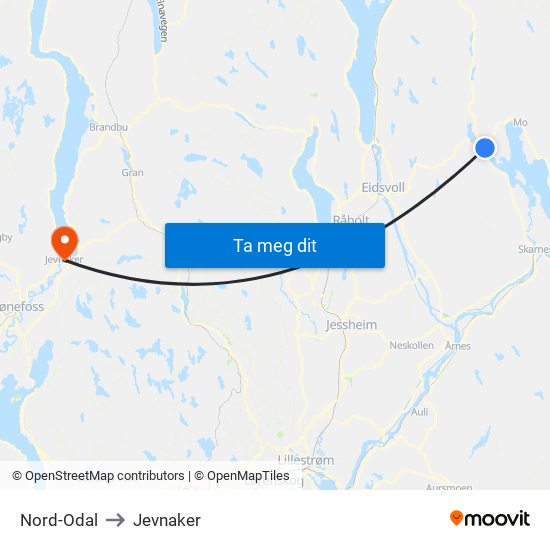 Nord-Odal to Jevnaker map