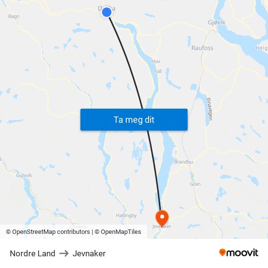 Nordre Land to Jevnaker map