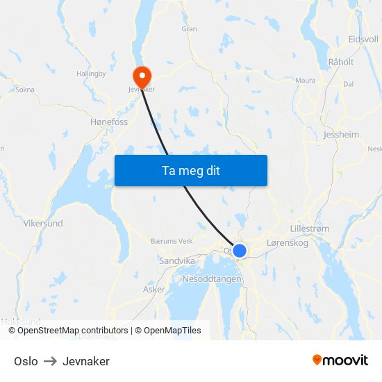 Oslo to Jevnaker map