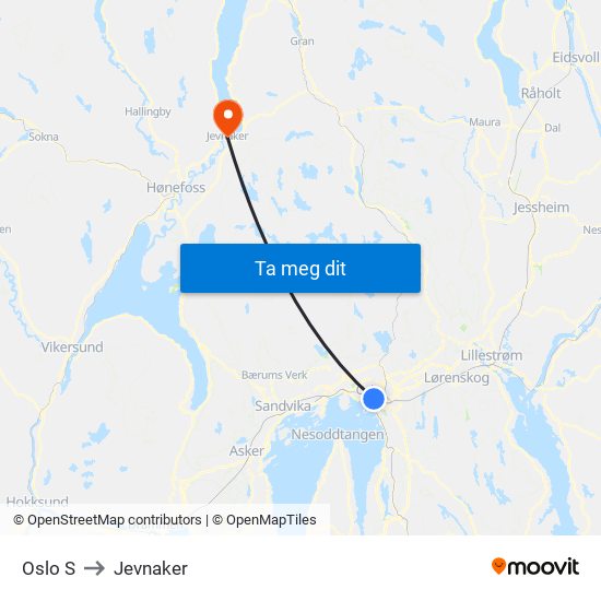 Oslo S to Jevnaker map