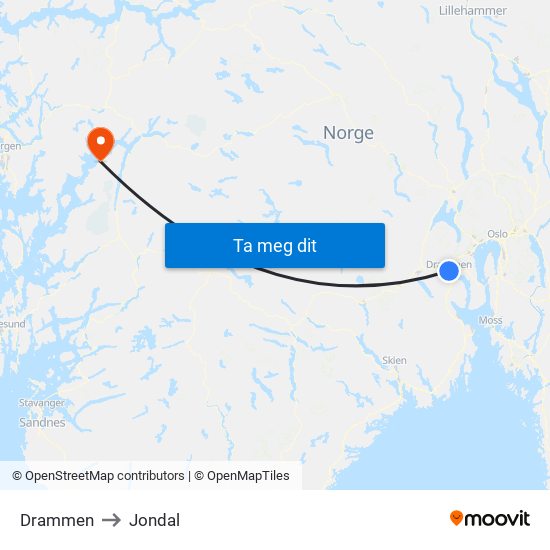 Drammen to Jondal map