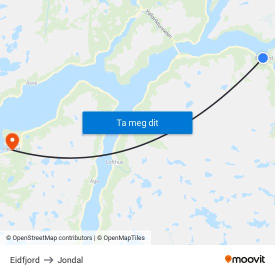 Eidfjord to Jondal map