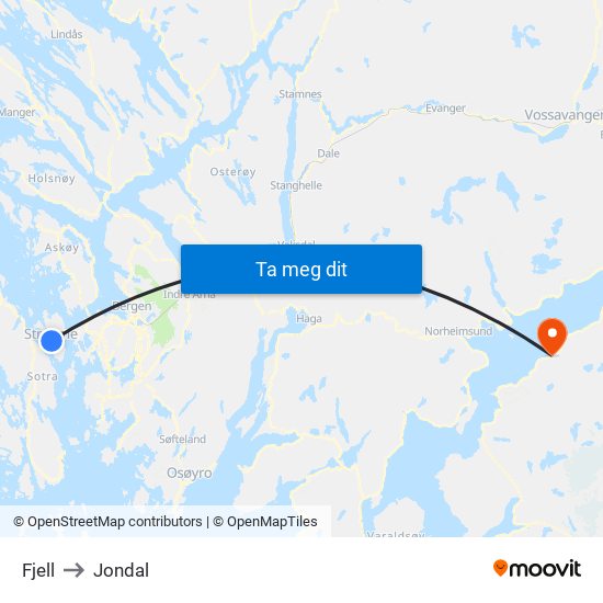 Fjell to Jondal map