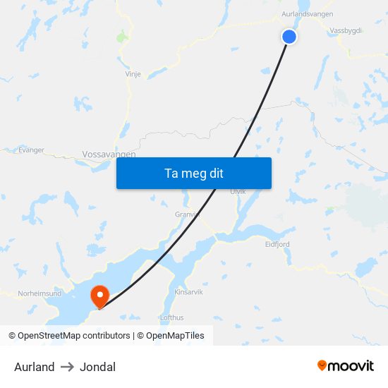 Aurland to Jondal map