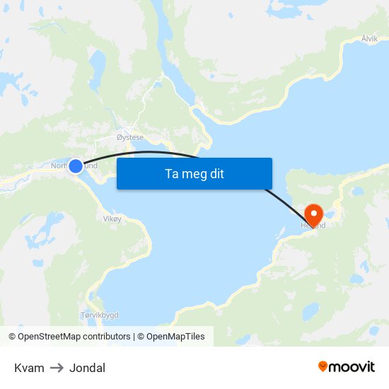 Kvam to Jondal map