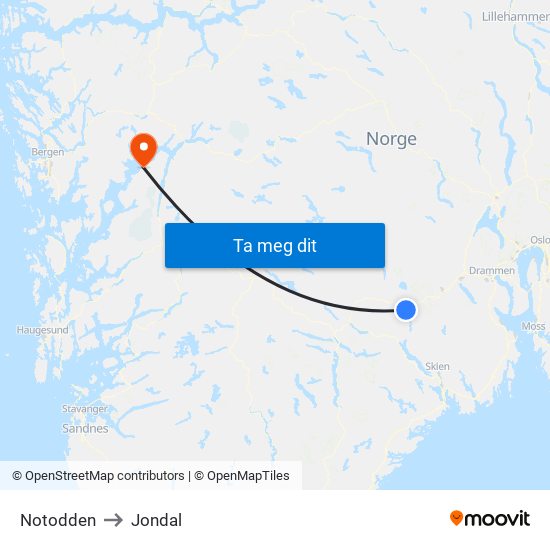 Notodden to Jondal map