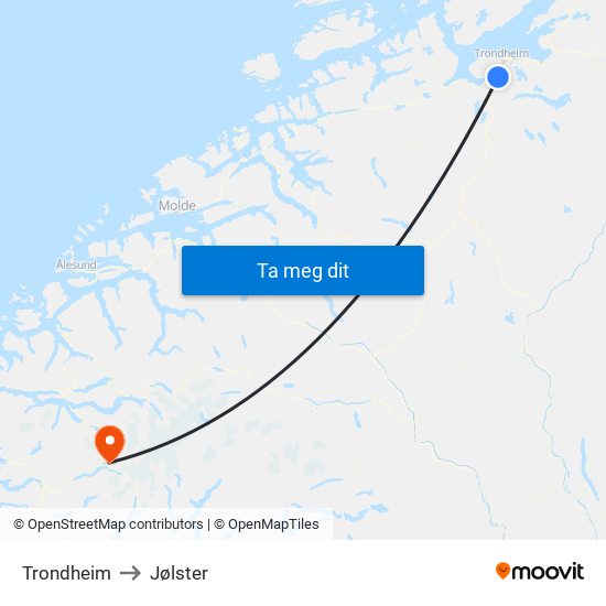 Trondheim to Jølster map