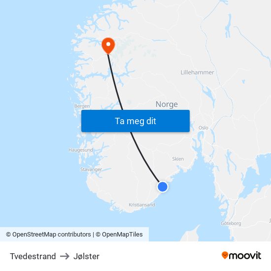 Tvedestrand to Jølster map