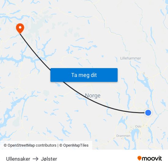 Ullensaker to Jølster map