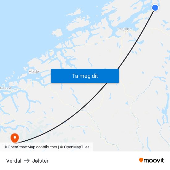 Verdal to Jølster map