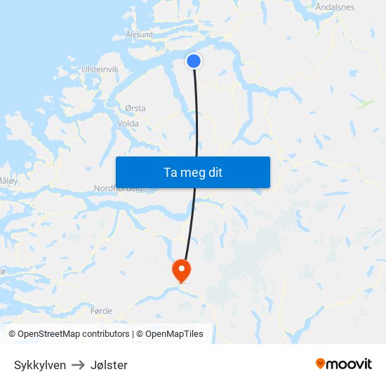 Sykkylven to Jølster map