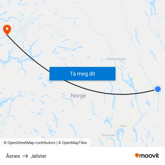 Åsnes to Jølster map