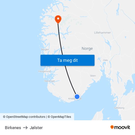 Birkenes to Jølster map