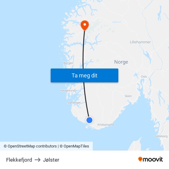 Flekkefjord to Jølster map