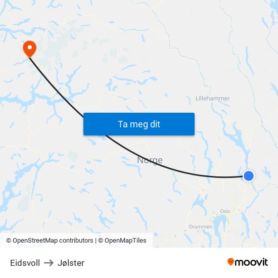 Eidsvoll to Jølster map
