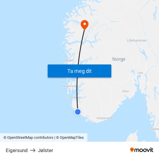 Eigersund to Jølster map