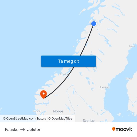 Fauske to Jølster map