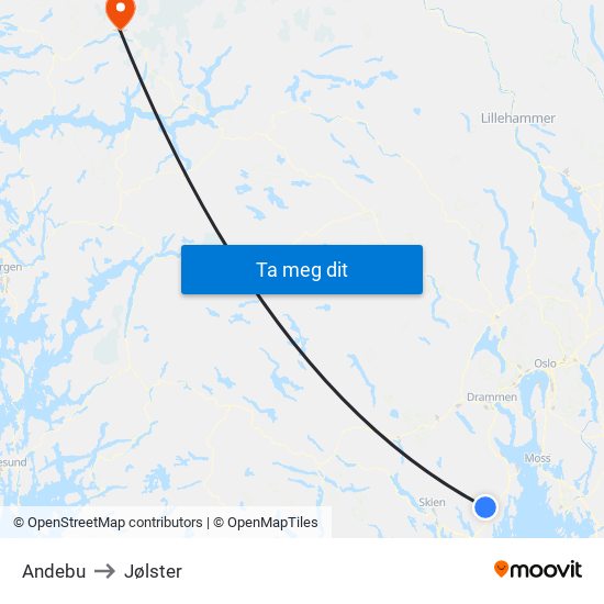 Andebu to Jølster map