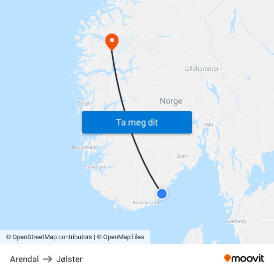 Arendal to Jølster map