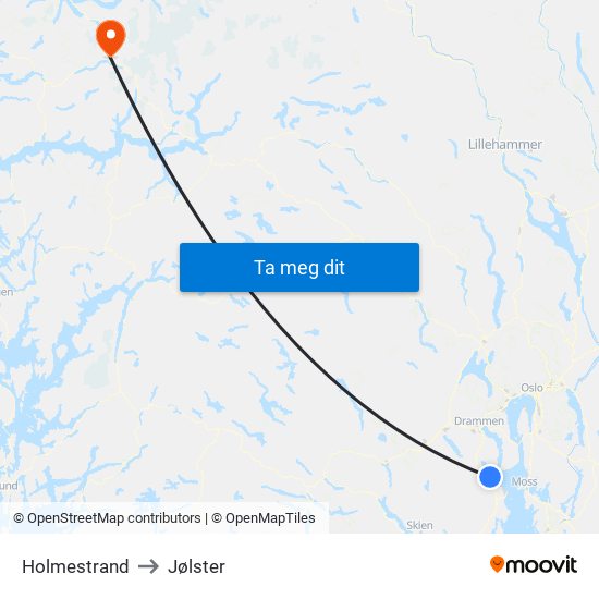 Holmestrand to Jølster map