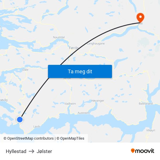 Hyllestad to Jølster map