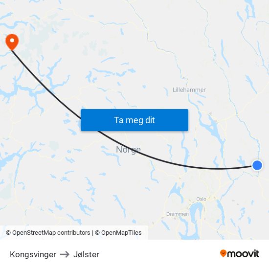 Kongsvinger to Jølster map