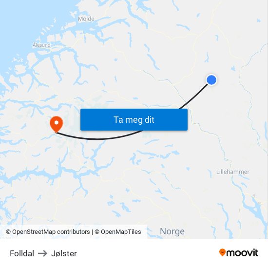 Folldal to Jølster map
