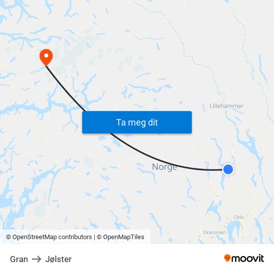 Gran to Jølster map