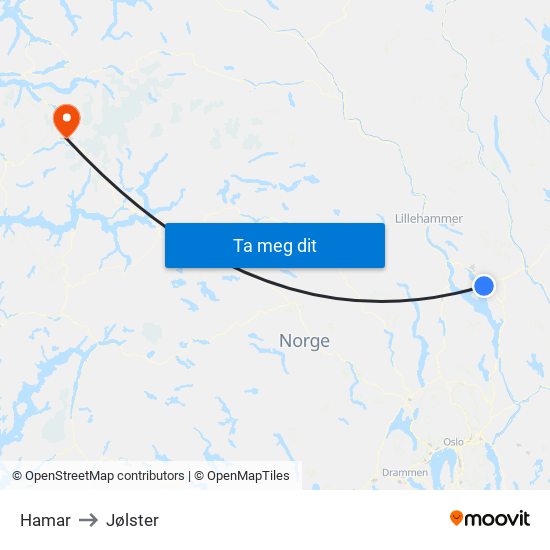 Hamar to Jølster map