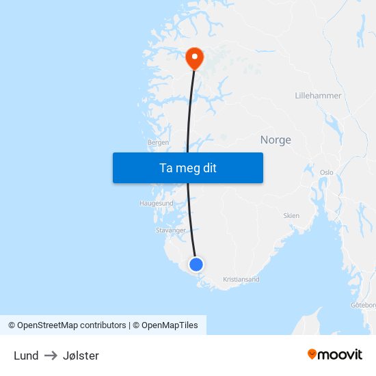 Lund to Jølster map