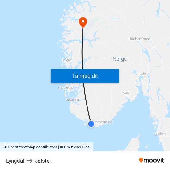 Lyngdal to Jølster map