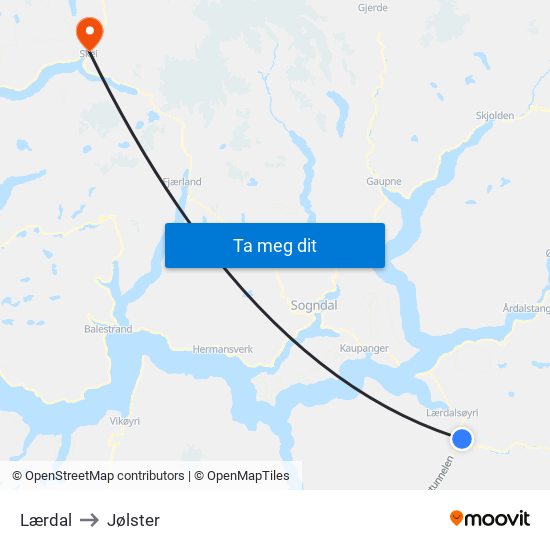 Lærdal to Jølster map