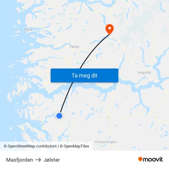 Masfjorden to Jølster map