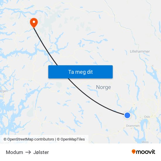 Modum to Jølster map