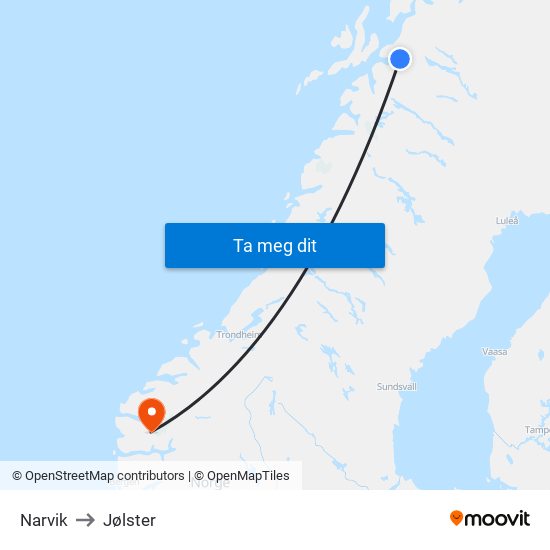 Narvik to Jølster map