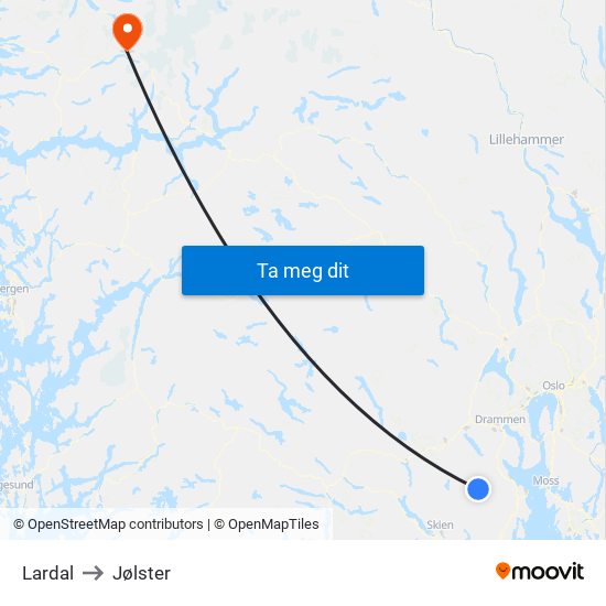 Lardal to Jølster map