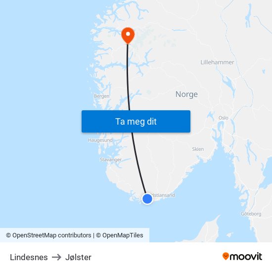 Lindesnes to Jølster map