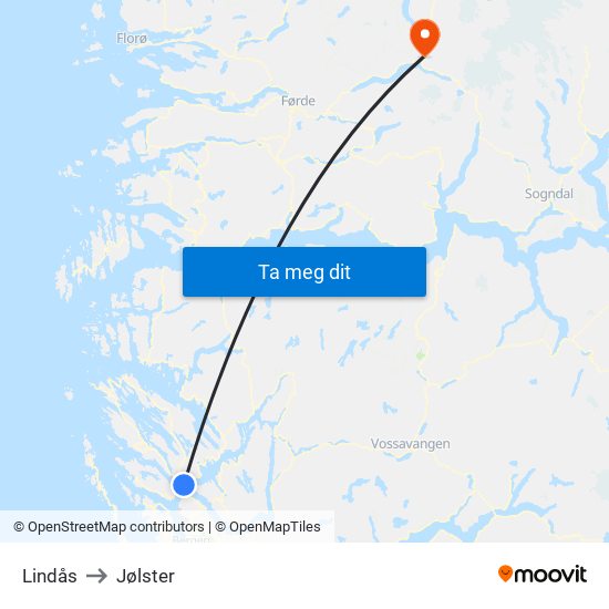 Lindås to Jølster map