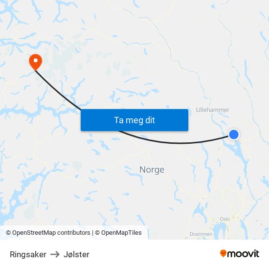 Ringsaker to Jølster map