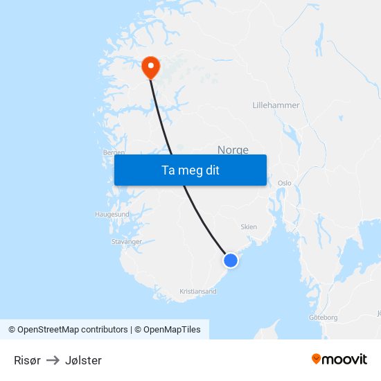 Risør to Jølster map