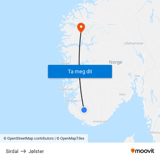 Sirdal to Jølster map