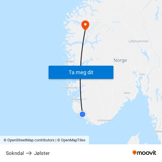 Sokndal to Jølster map