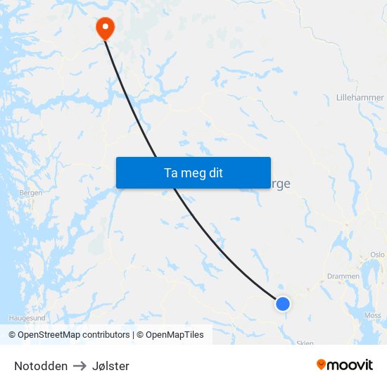 Notodden to Jølster map