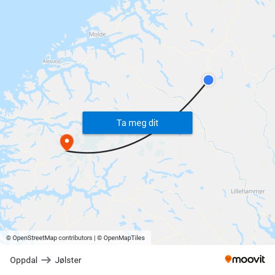 Oppdal to Jølster map