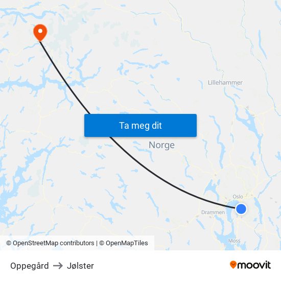 Oppegård to Jølster map
