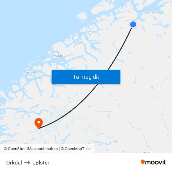 Orkdal to Jølster map