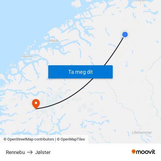 Rennebu to Jølster map