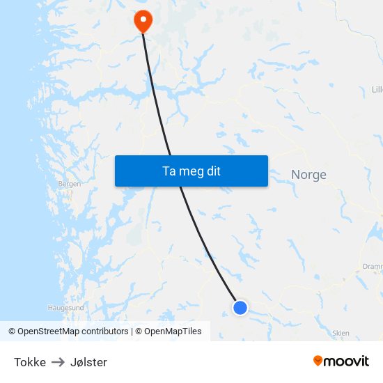 Tokke to Jølster map